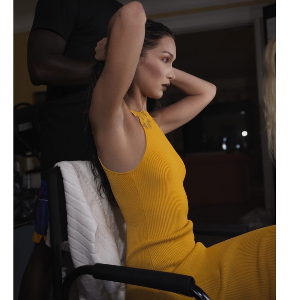 Self-Portrait Canary Yellow Ribbed Knit Bodycon Midi Dress With Lace Size Small - Picture 11 of 14